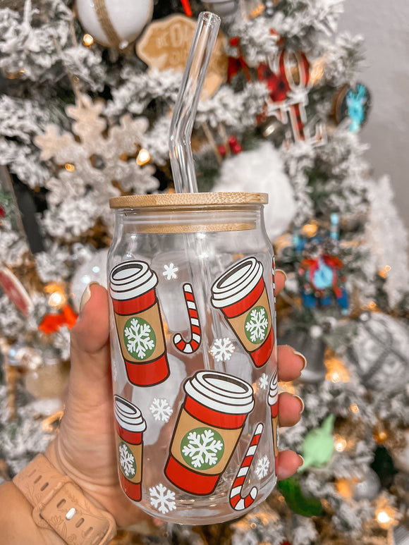Glass Cup with Lid-Christmas Coffee