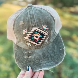 C.C. Aztec Criss Cross Pony Hat Olive