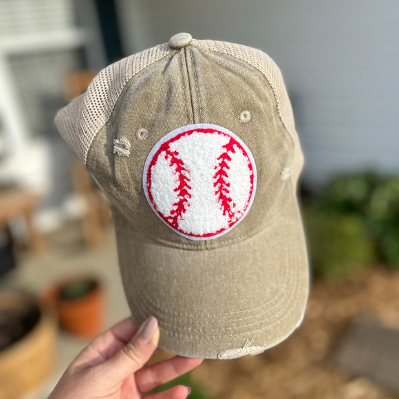 Chenille Baseball Patch Ball Cap-Khaki