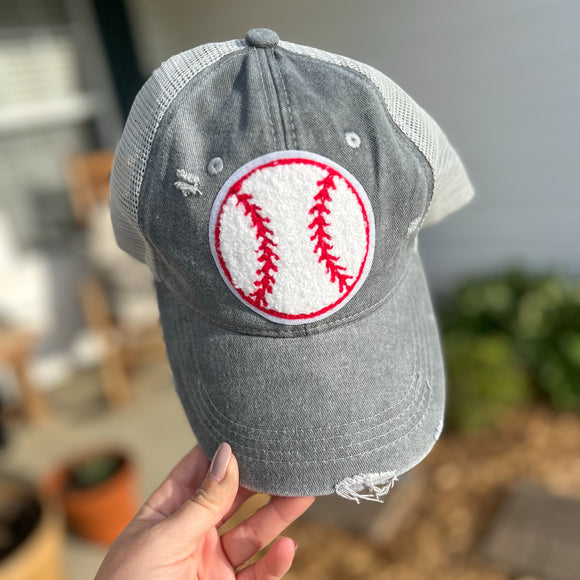 Chenille Baseball Patch Ball Cap-Gray