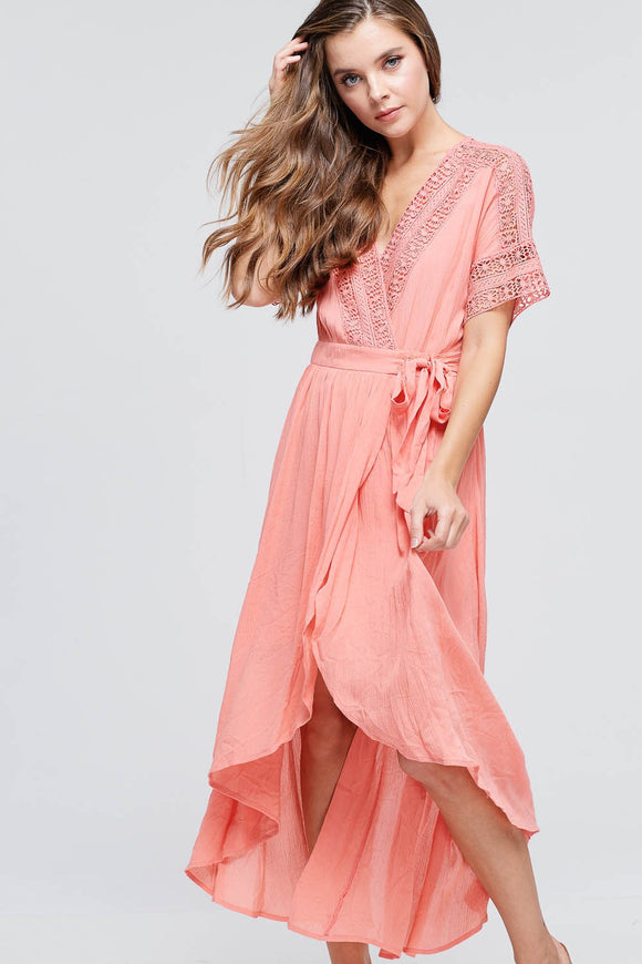 Coral Waist Tie Hi-Lo Dress