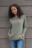 Olive French Terry Round Neck Long Sleeve Pocket Pullover