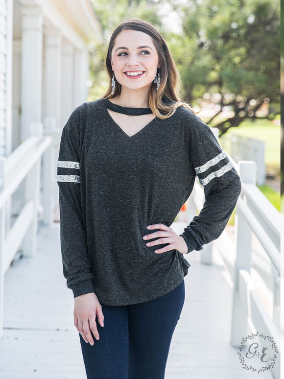 Mel's Charcoal Longsleeve V-neck with Sequin Accents