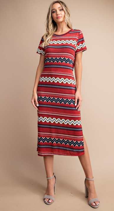 Aztec Knit Midi Dress-Rust
