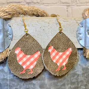 Glitter Plaid Chicken Brown Leather Earrings