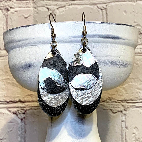 Black & Silver Layered Leather Droplet Earrings