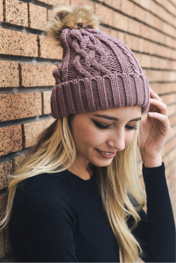 Cable Knit Beanie with Fur Pom Pom (Multiple Colors)